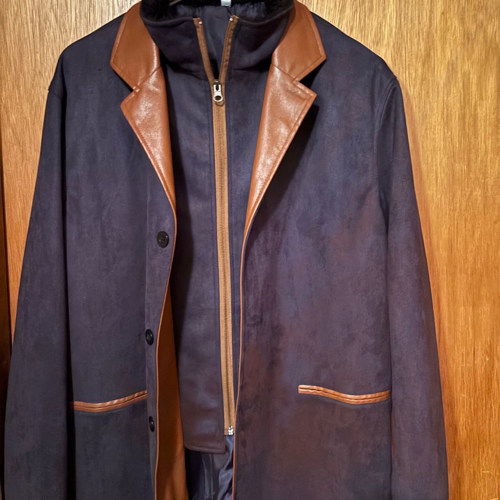 Men's Navy Suede-Effect Coat with Brown Leather Trim - Picture 4 of 6